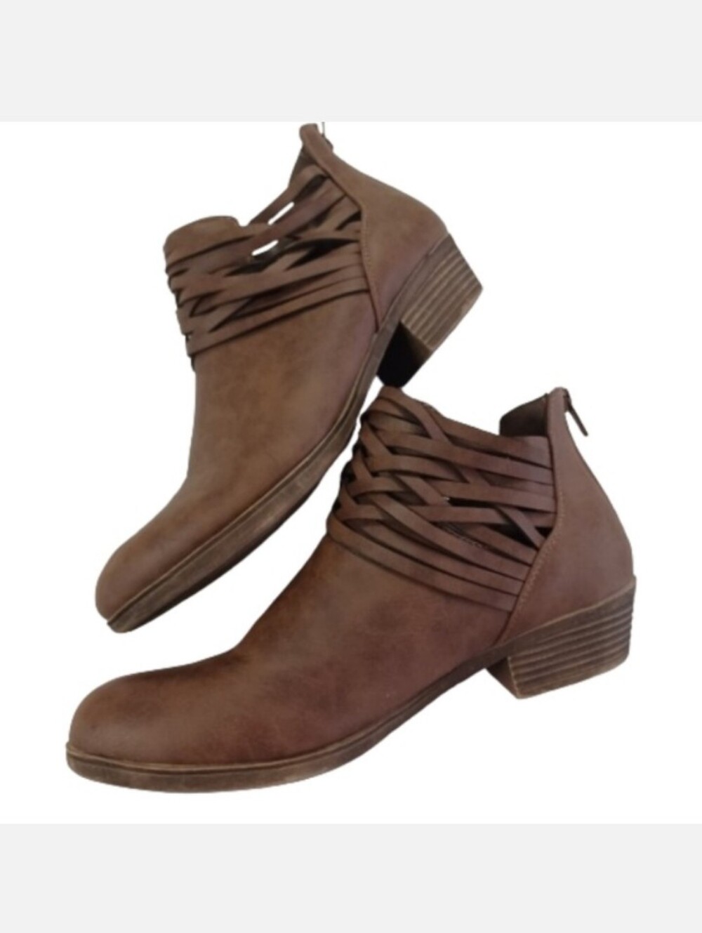 RAMPAGE RAM ROADIE Cognac Brown Strappy Zipper Back Ankle Booties Boots Size 9
